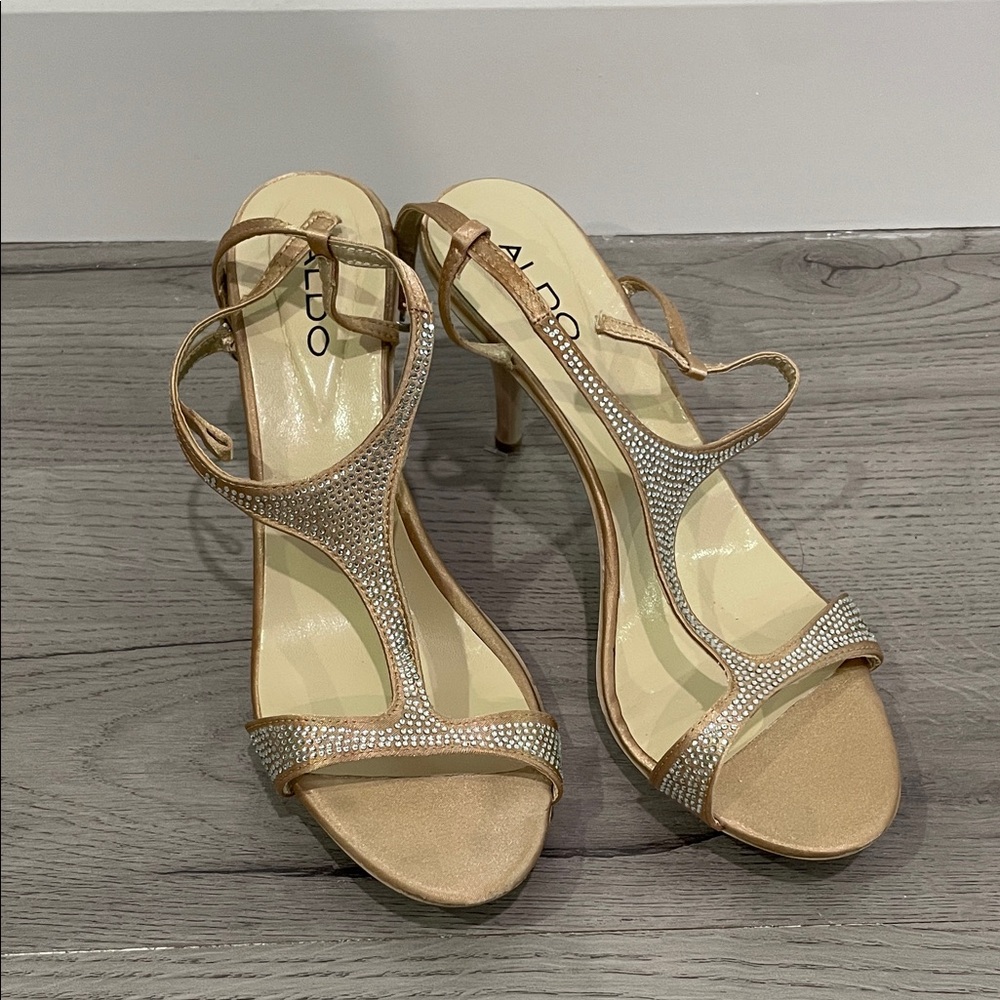 Aldo Desert Sand Satin Rhinestone Heels